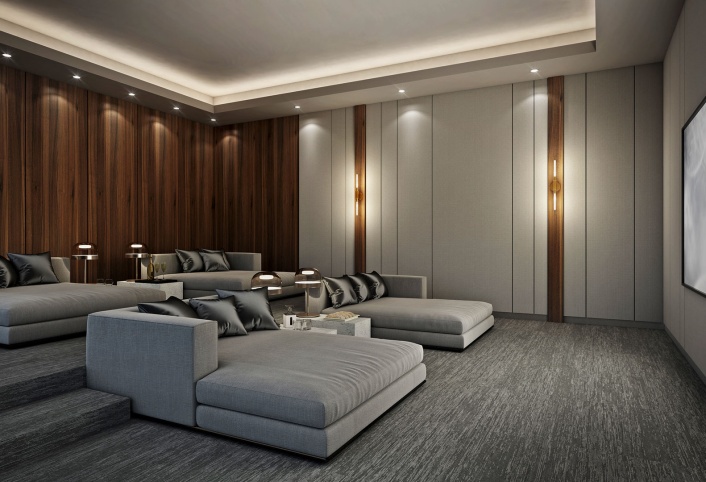 Luxury home theater room with modular sofas and ambient lighting