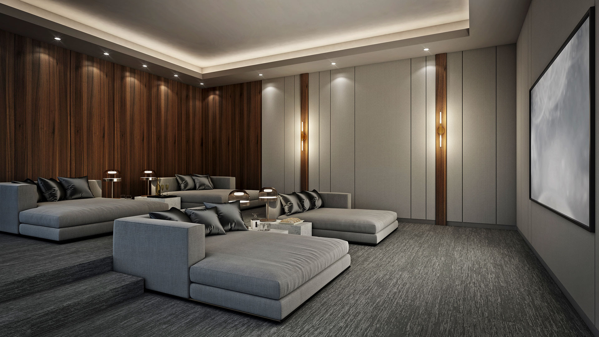 Luxury home theater room with modular sofas and ambient lighting