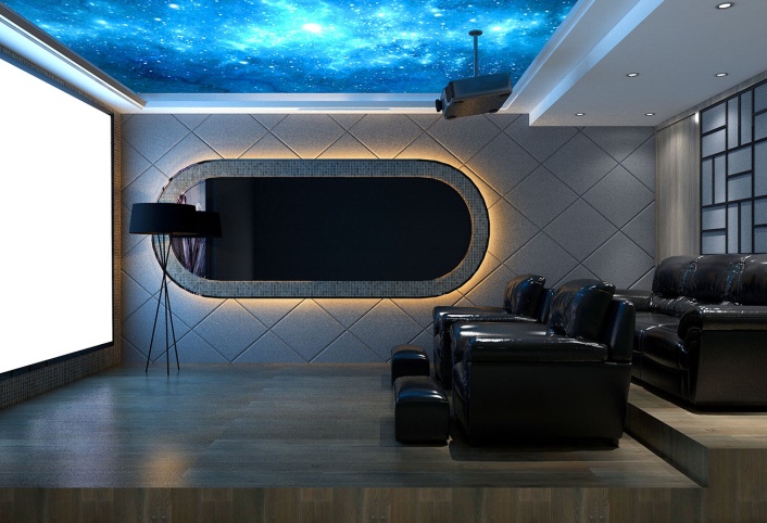 Home theater room with projector screen and stadium-style seating