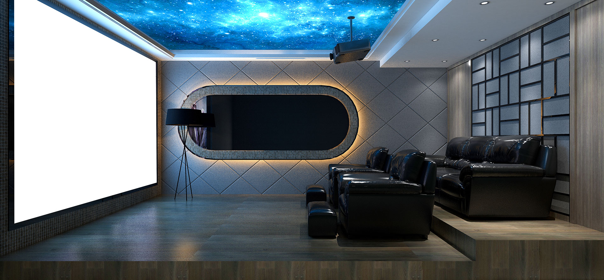Home theater room with projector screen and stadium-style seating