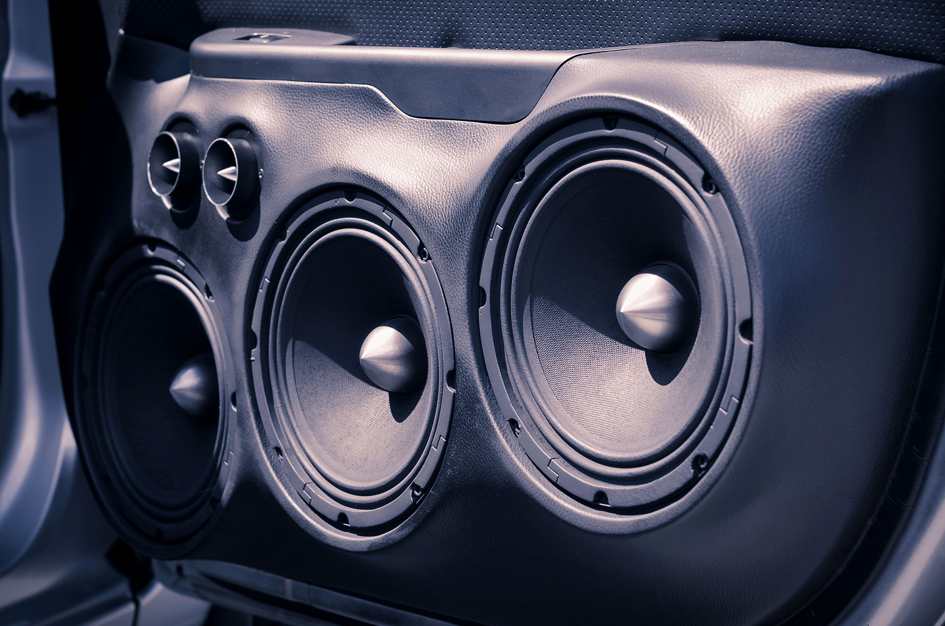 Custom car door panel with dual subwoofers and tweeters installed